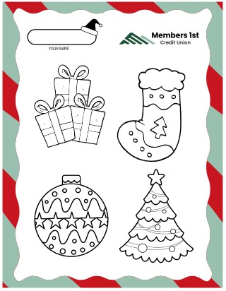 Presents, stocking, ornament, and christmas tree Coloring Page