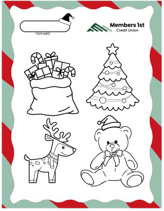 Santa sack filled with gifts, Christmas tree, Reindeer, and teddy bear coloring page
