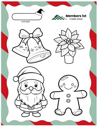 Bells, Flower, Santa, and Ginger bread man Coloring Page
