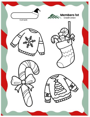 Christmas sweater, stocking, and Candy Cane Coloring Page