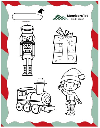 Nutcracker, present, train, and elf Coloring Page