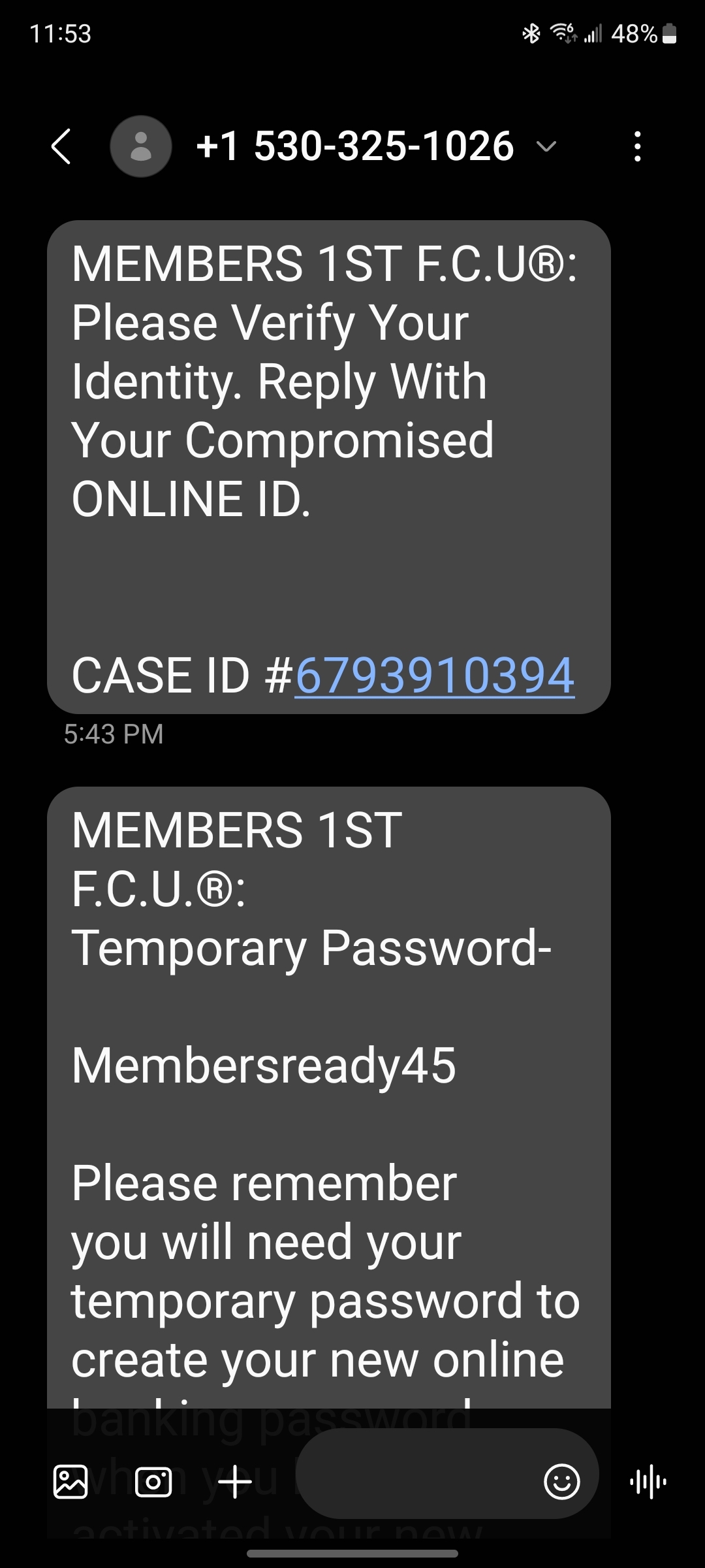 fraudulent text screen