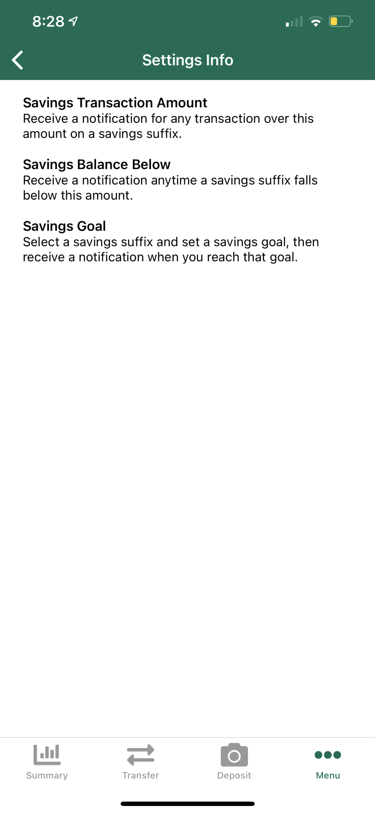 notifications menu: savings info