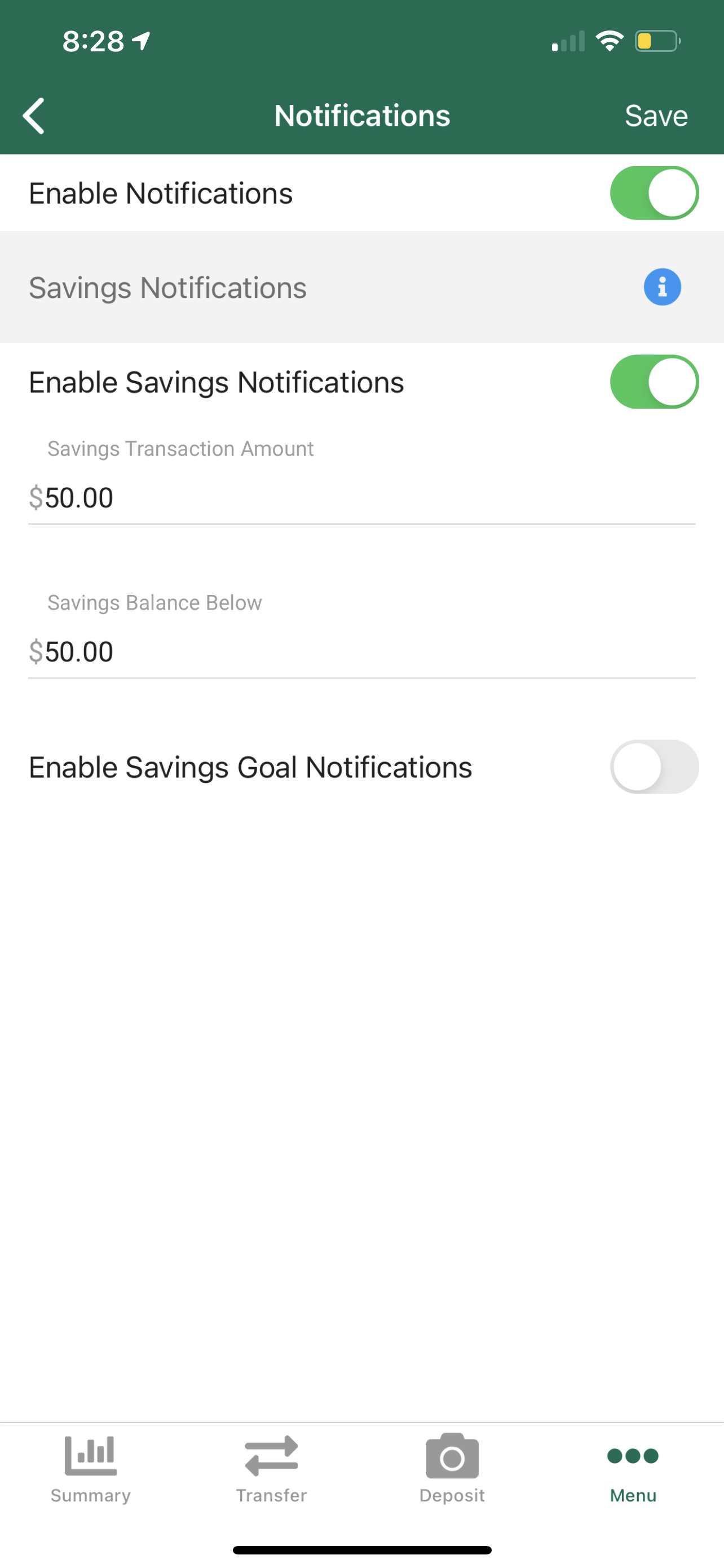 notifications menu: savings