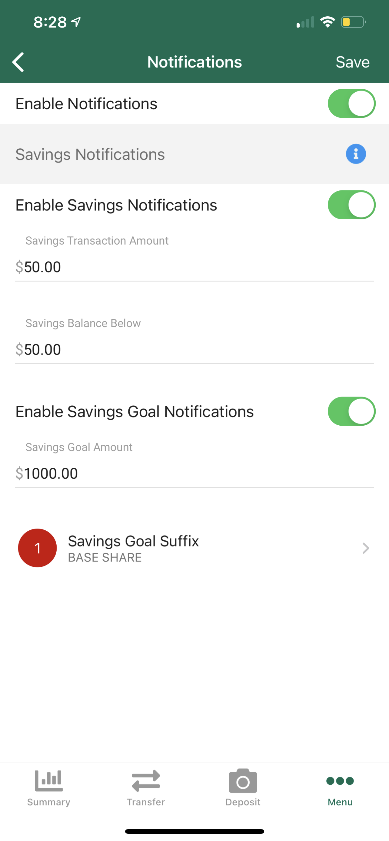 notifications: savings goals
