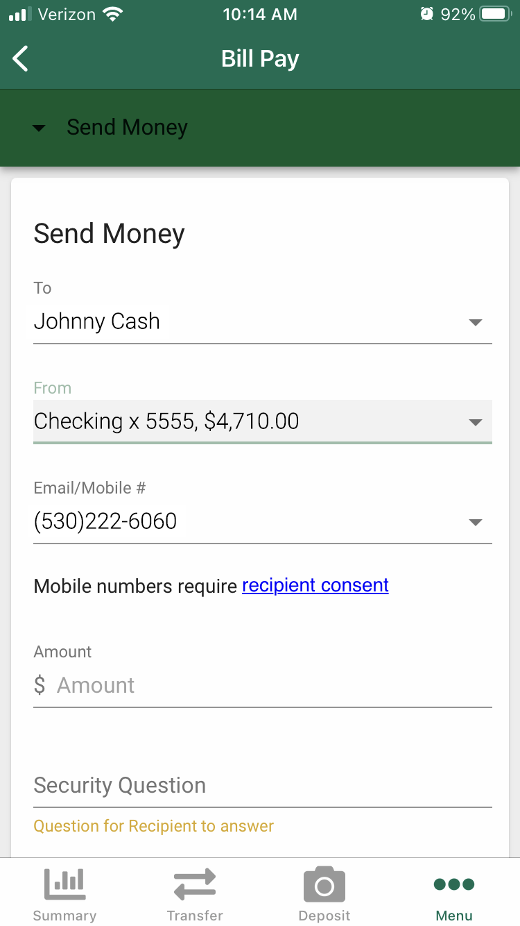 recipient menu of Send Money