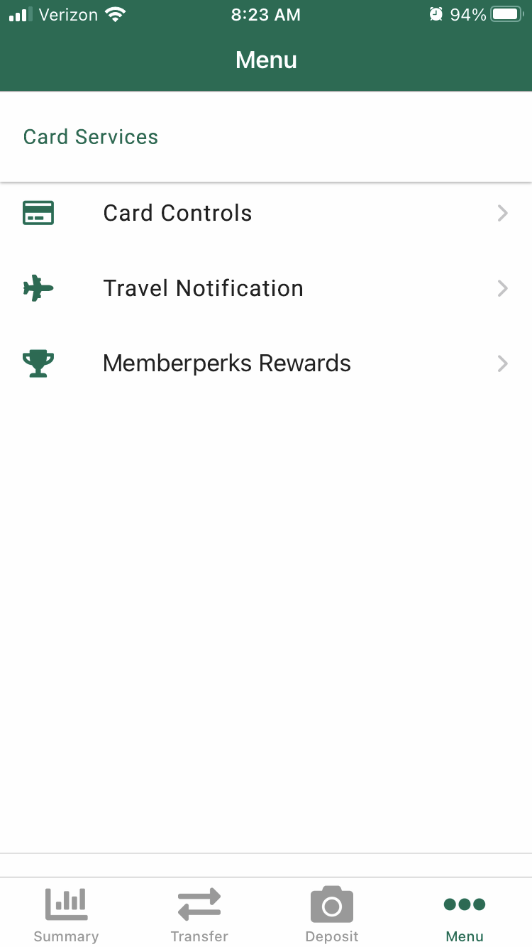 card services mobile menu