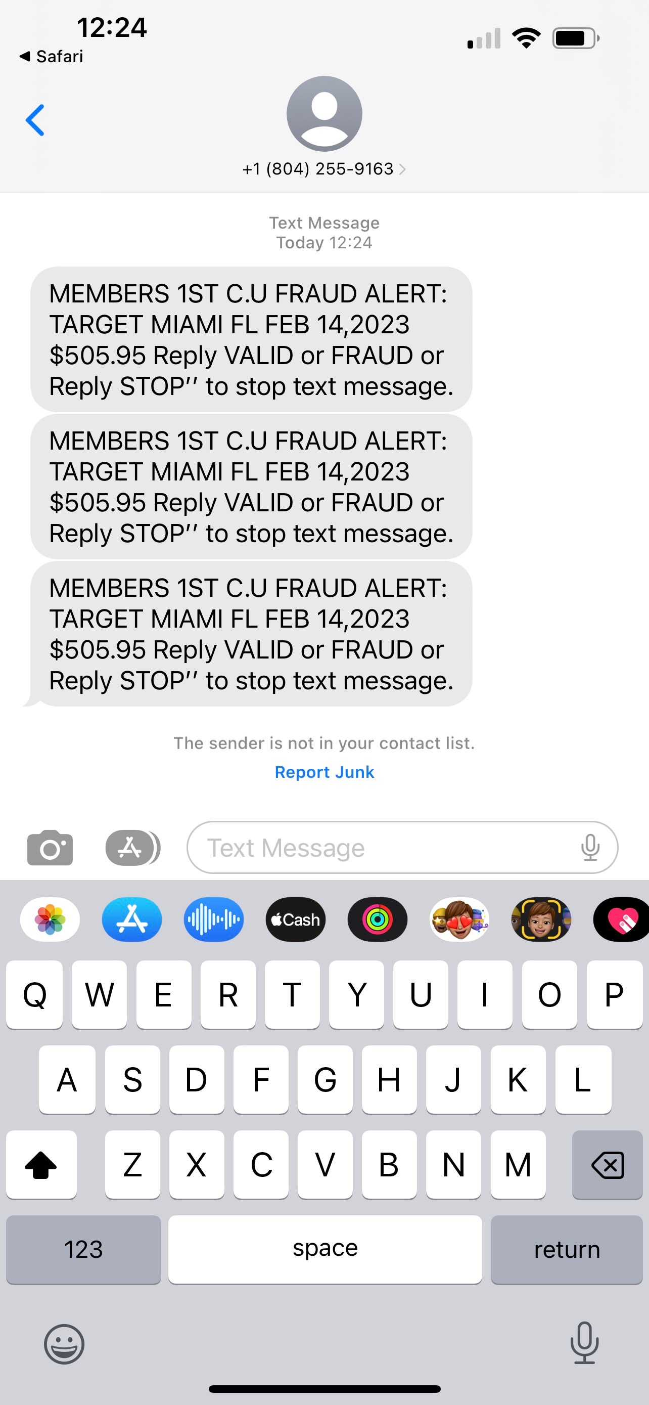 fraudulent text message example