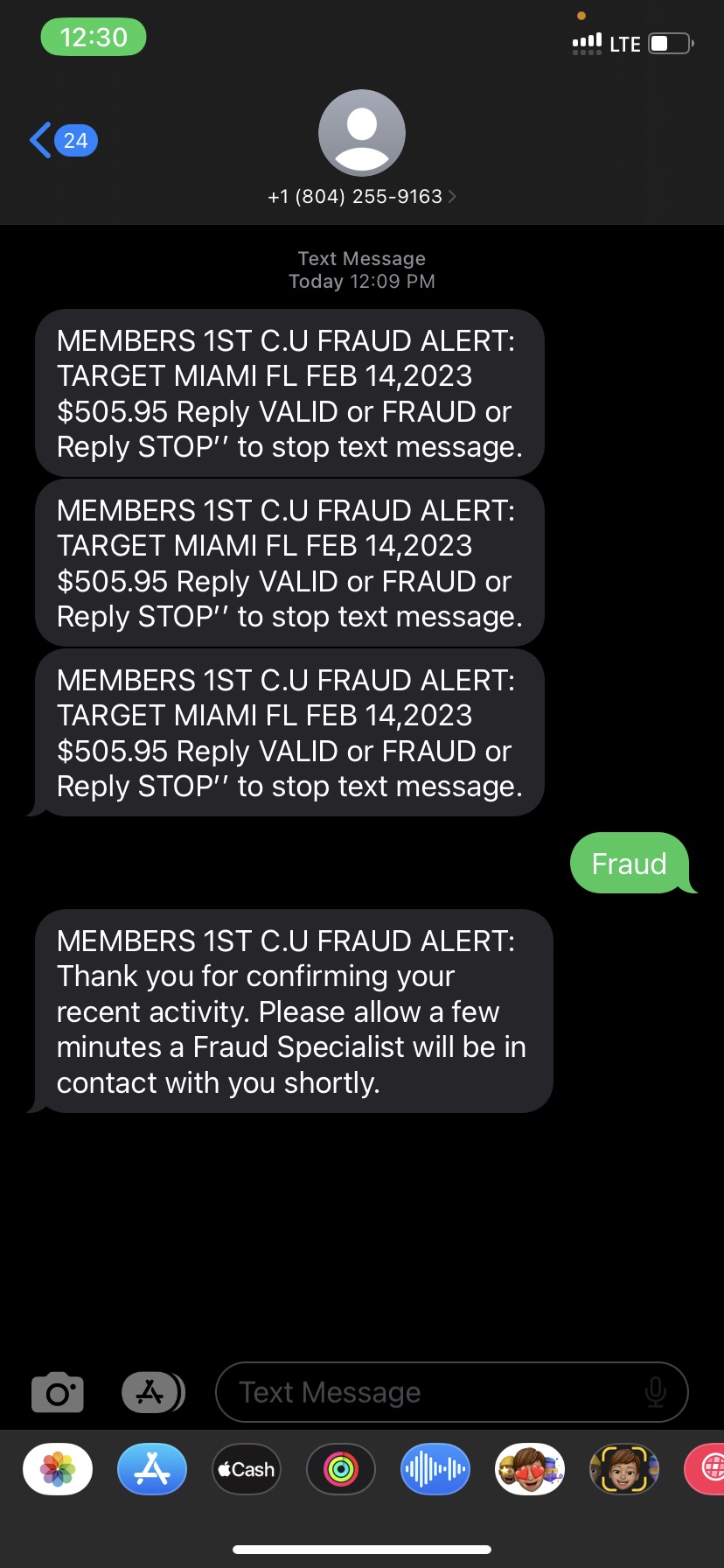 fraudulent text message example