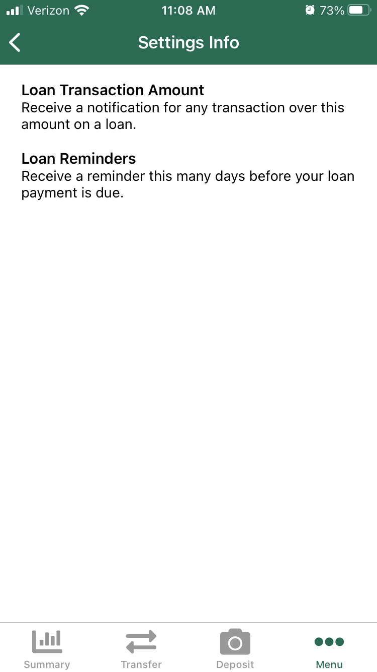 notifications menu: loan info