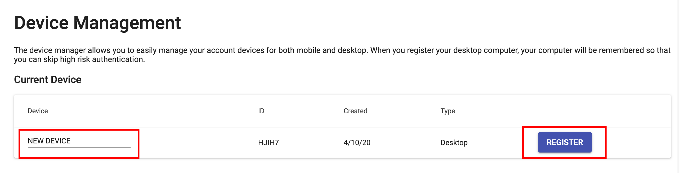 devide management screen to register new devices