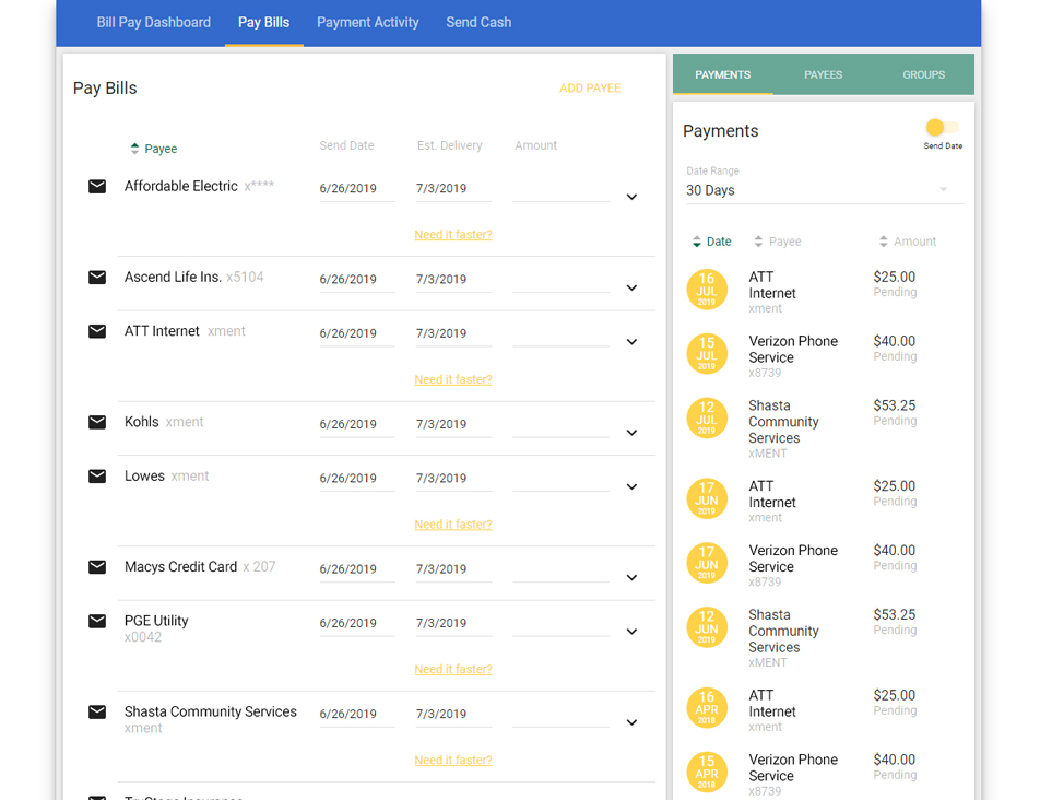 Screen shot of the simple billpay menu