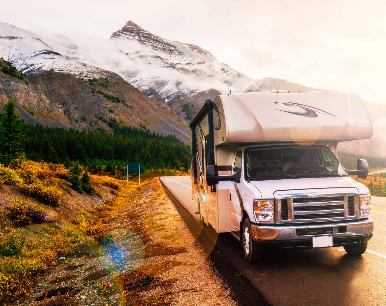 RV driving on a scenic road